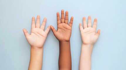 Diverse children's hands raised together symbolizing unity and friendship against a light background