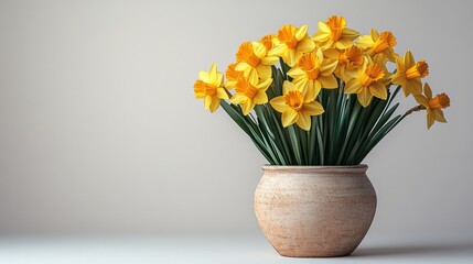 Daffodil flowers in a rustic flower pot with vibrant yellow blooms against a soft neutral background for spring decor themes.