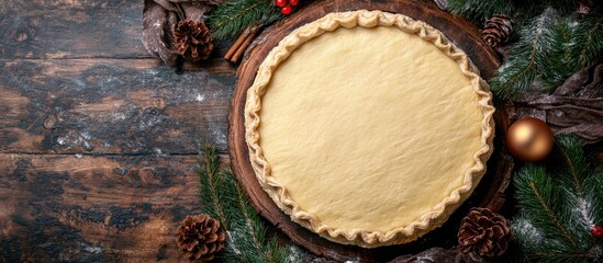 Raw Christmas pastry dough shaped in a pie crust on a rustic wooden surface surrounded by festive decorations and pinecones