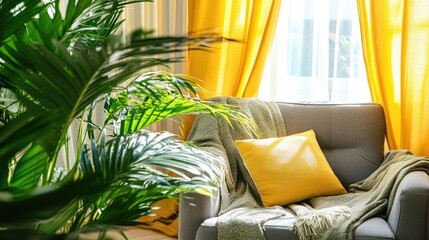 Cozy living room with grey armchair adorned with yellow plaid and a vibrant green plant illuminated by natural light through yellow curtains
