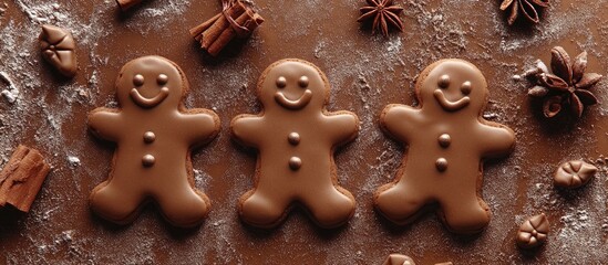Flat lay of festive gingerbread cookies and aromatic spices creating a cozy Christmas atmosphere perfect for holiday greetings and celebrations