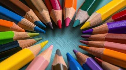 Fototapeta premium A variety of colored pencils arranged in a circle, symbolizing creative diversity, minimalistic photography style