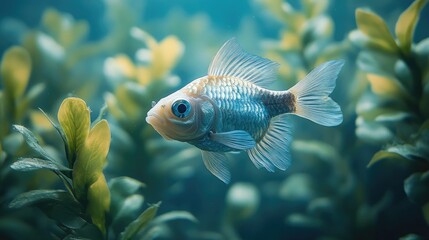Fototapeta premium Underwater scene featuring a goldfish swimming amidst vibrant green foliage against a serene blue background creating a tranquil aquatic ambiance.