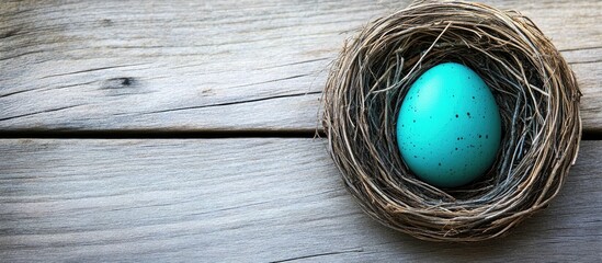 Colorful Easter egg nestled in a rustic nest on a weathered wooden surface celebrating spring and holiday traditions.