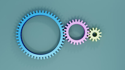 Gear collection. Gear machine 3D rendering. Flat Style Color Gears Pattern.