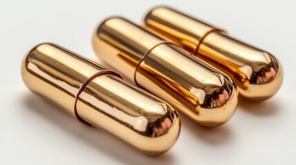 Naklejka premium Golden capsules arranged artistically on a clean white background highlighting elegance and simplicity in pharmaceutical design.