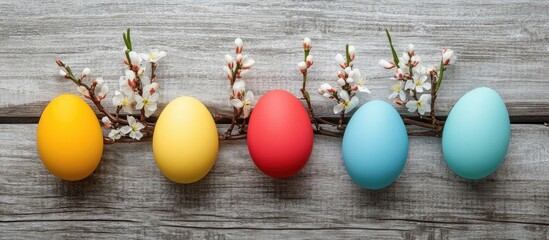 Easter greeting card design with colorful eggs and blooming branches on rustic wood background ideal for spring celebrations and text placement