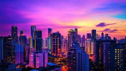 Obraz premium A vibrant city skyline at dusk with illuminated skyscrapers in a spectrum of colors, Representing the diversity and energy of urban communities, minimalist style