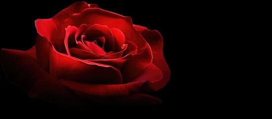 Close up macro shot of a vibrant red rose highlighting its large petals symbolizing love with a dramatic dark background design