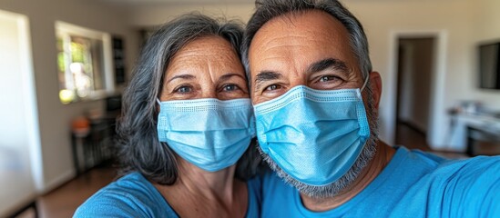 Senior couple wearing face masks happily taking a selfie indoors during pandemic while showcasing love and togetherness at home