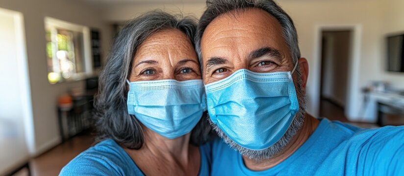 Senior couple wearing face masks happily taking a selfie indoors during pandemic while showcasing love and togetherness at home