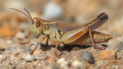 Brown grasshopper close-up on a natural textured background showcasing details of its anatomy and environment in a macro photography style.