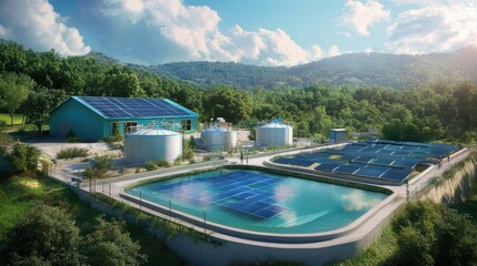 A illustration of A rural water supply system with solar-powered pumps connected to a clean water storage tank 