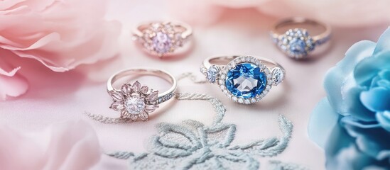 Fototapeta premium Elegant fine jewelry rings adorned with blue and white gemstones on a soft pastel embroidered background with floral accents.