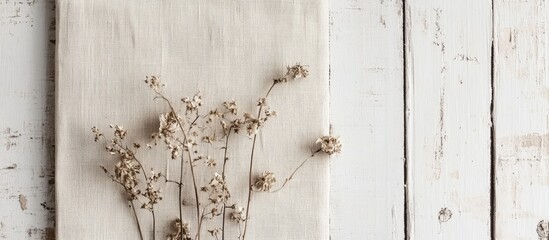 Elegant beige linen book on white wooden surface with dried leaves, ideal for wedding photo album or school backdrop mockup.