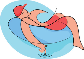 Relaxation Vector Art - Minimalist Line Art of a Person Floating on a Blue Inflatable Tube in Water, Wearing a Red Swimsuit and Cap, Perfect for Summer, Poolside, Vacation, or Leisure-Themed Designs