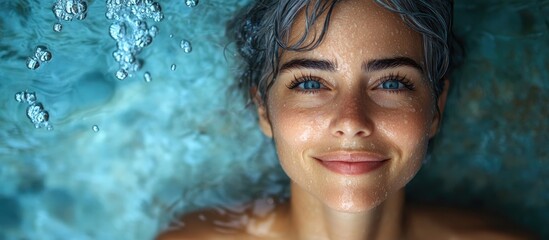 Mature woman enjoying a refreshing shower under water jets in a serene outdoor thermal pool for a vibrant lifestyle concept