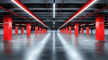 Fototapeta premium Industrial Warehouse Interior with Red Columns and Open Space Highlighting Commercial Ventilation and Air Distribution Systems Installation