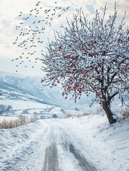 Serene Winter Landscape Featuring a Snow-Covered Tree with Red Berries and a Frosty Pathway Surrounded by Majestic Mountains and Flying Birds