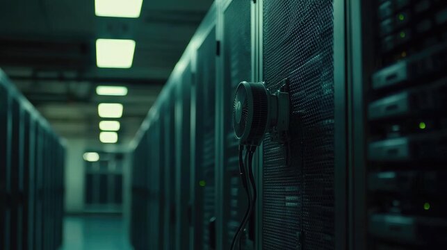Close up of a graphics processing unit and cooler fan in a cryptocurrency mining farm with data cables and server infrastructure.