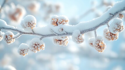 Snow-covered tree branches with frosted buds against a soft winter background showcasing the beauty of nature's winter transformation