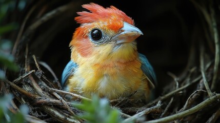 Fototapeta premium Colorful Forpus bird perched in a nest showcasing vibrant plumage and unique features of a domesticated pet species.