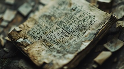 Ancient manuscript displaying intricate script and worn pages resting on textured surface