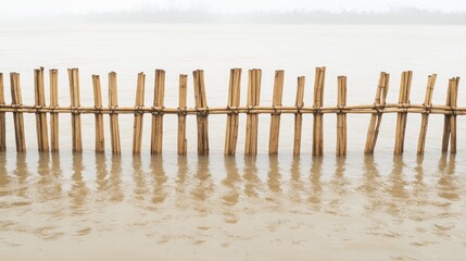 Dried bamboo fence reflecting in gray water river with tranquil natural landscape in the background