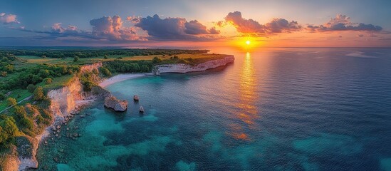 Panoramic sunset view over a serene lake peninsula with vibrant colors reflecting on calm waters and lush green surroundings