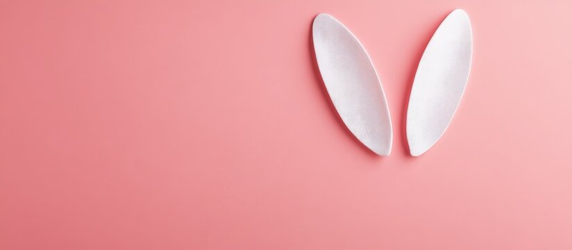Easter flat lay featuring white bunny ears on a pink background with ample copy space for festive themed designs and promotions.