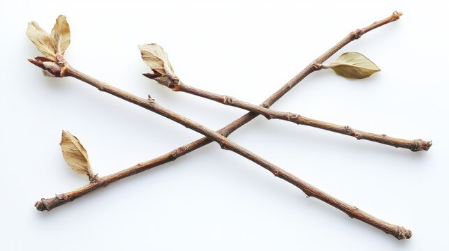 Dried sweet huck branches with faded leaves arranged on a white background showcasing natural textures and colors in botanical design.