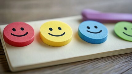 Customer satisfaction feedback with smiling emoticon tokens arranged on a notepad representing customer experience evaluation and engagement