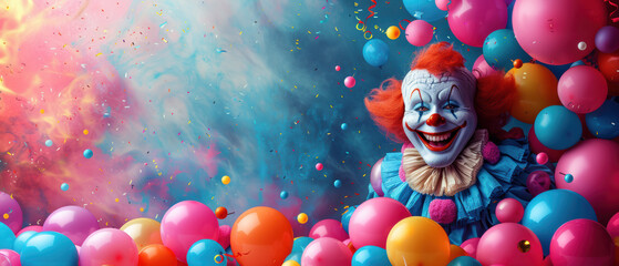 Clown celebrating amidst colorful balloons and confetti at a vibrant party setting