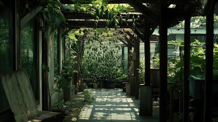 Greenhouse pathway showcasing lush cucumber plants flourishing on a farm setting