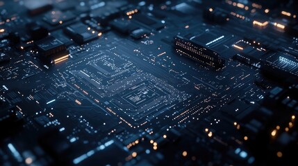 Circuit board close-up with data processing elements representing global connectivity and advanced computing technology in digital environments