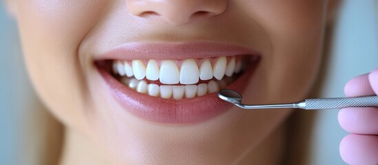 Dental professional assessing young woman's smile and tooth color for veneers in clinical setting with focus on dental health and aesthetics