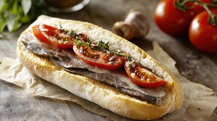Delicious gourmet sandwich with fresh tomatoes, anchovies, and herbs on rustic bread, garnished with fresh ingredients, perfect for food lovers.