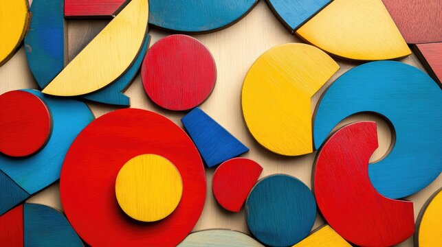 Colorful geometric wooden shapes background suitable for design projects, educational themes, and creative concepts with space for text.