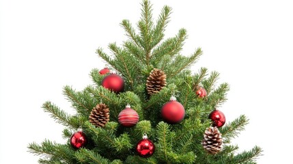 Evergreen tree adorned with red Christmas ornaments and pine cones isolated on a white background for festive holiday decor themes