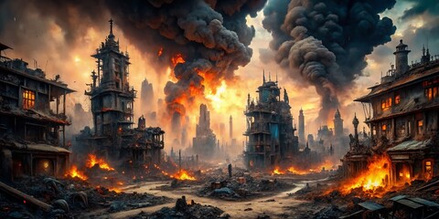 A Haunting Macro Photography of a Post-Apocalyptic Abandoned City with Destroyed Buildings, Burning Rubble, and Thick Pollution in the Air - A Dystopian Landscape