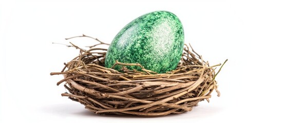 Obraz premium Glittering green Easter egg nestled in a rustic wooden basket nest against a clean white background showcasing springtime decoration.