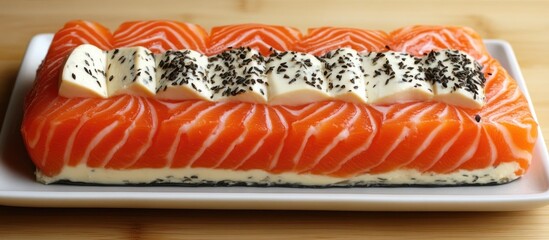 Cheese terrine garnished with smoked salmon and herbs on a white plate presented elegantly for gourmet dining or festive occasions