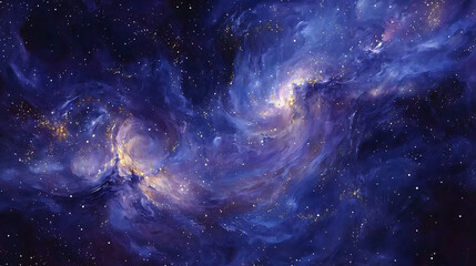 Obraz premium Cosmic abstract painting, swirling galaxies and sparkling stars, deep blues and purples accented by bursts of gold, textured brushstrokes creating depth, ethereal and dreamlike atmosphere, impression 