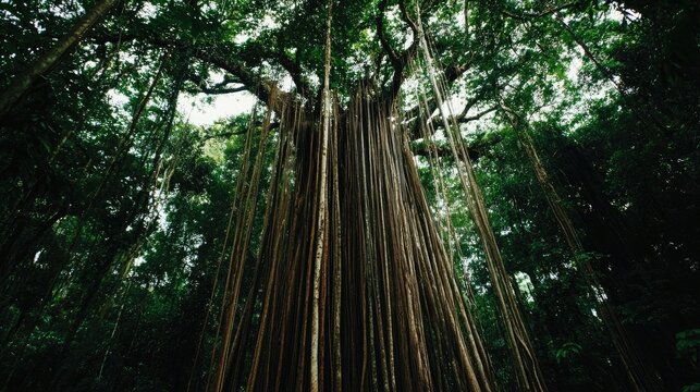 Majestic banyan tree trunk towering in dense jungle showcasing lush green foliage and hanging aerial roots under dappled sunlight.