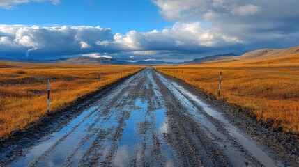 Naklejka premium Dirt road through tundra with reflective puddles leading to oil well pad under summer skies and distant mountains