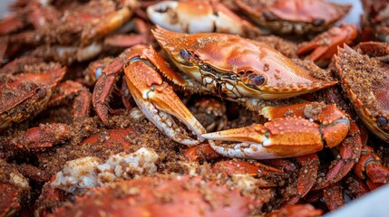 Steamed sea crabs piled together showcasing their bright orange shells against a clean backdrop