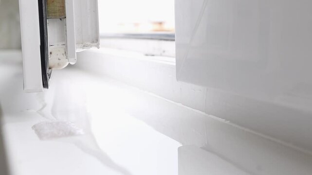 A white window frame opens with dripping drops over the window sill, over which a puddle spreads