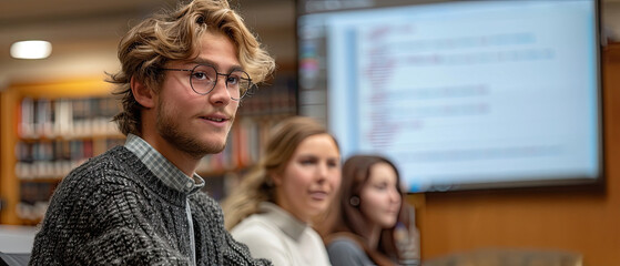 Young adults engaged in a collaborative discussion in a library setting during evening study hours