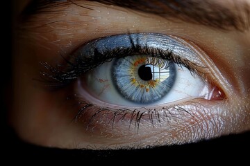 Naklejka premium Intricate close up of a human eye showcasing vibrant green and yellow iris with lush eyelashes