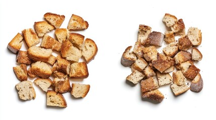 Obraz premium Garlic White Bread Croutons Displayed in Two Distinct Perspectives on a Clean White Background